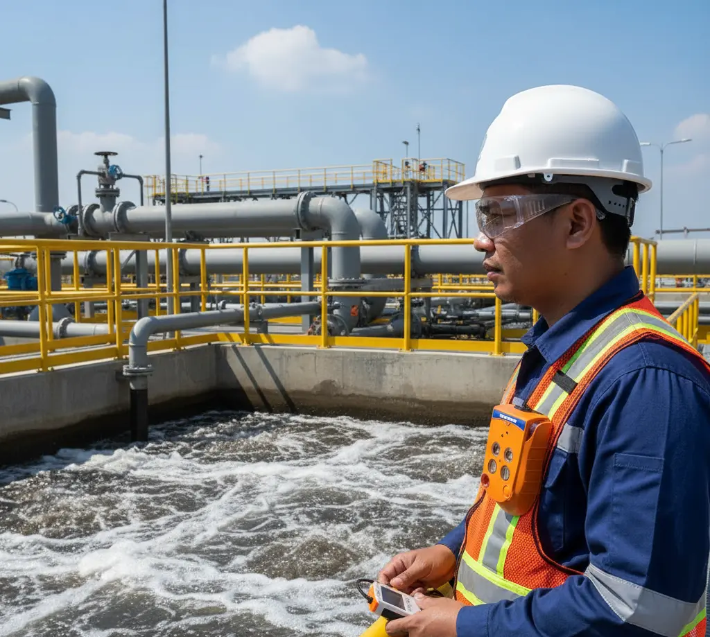 Teknisi Indonesia memakai rompi keselamatan dan helm, memegang Gas-Pro-2 air quality meter multigas portabel di dekat manhole instalasi pengolahan air limbah untuk memeriksa kadar H₂S, LEL, dan oksigen sebelum memasuki ruang terbatas.