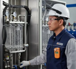 Teknisi Indonesia memakai Air Quality Meter Gasman-H2 di area instalasi pengolahan air, memeriksa potensi kebocoran hidrogen di sekitar panel elektrolisis.