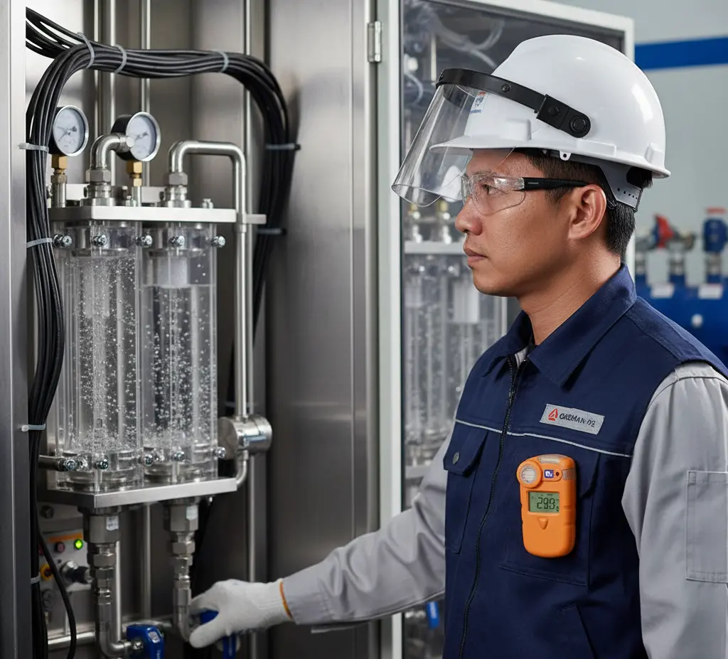 Teknisi Indonesia memakai Air Quality Meter Gasman-H2 di area instalasi pengolahan air, memeriksa potensi kebocoran hidrogen di sekitar panel elektrolisis.