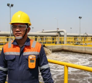 Teknisi Indonesia memakai alat pelindung diri di instalasi pengolahan air limbah sambil menggunakan detektor gas portabel Gasman-NH3 untuk memantau kebocoran amonia di udara.