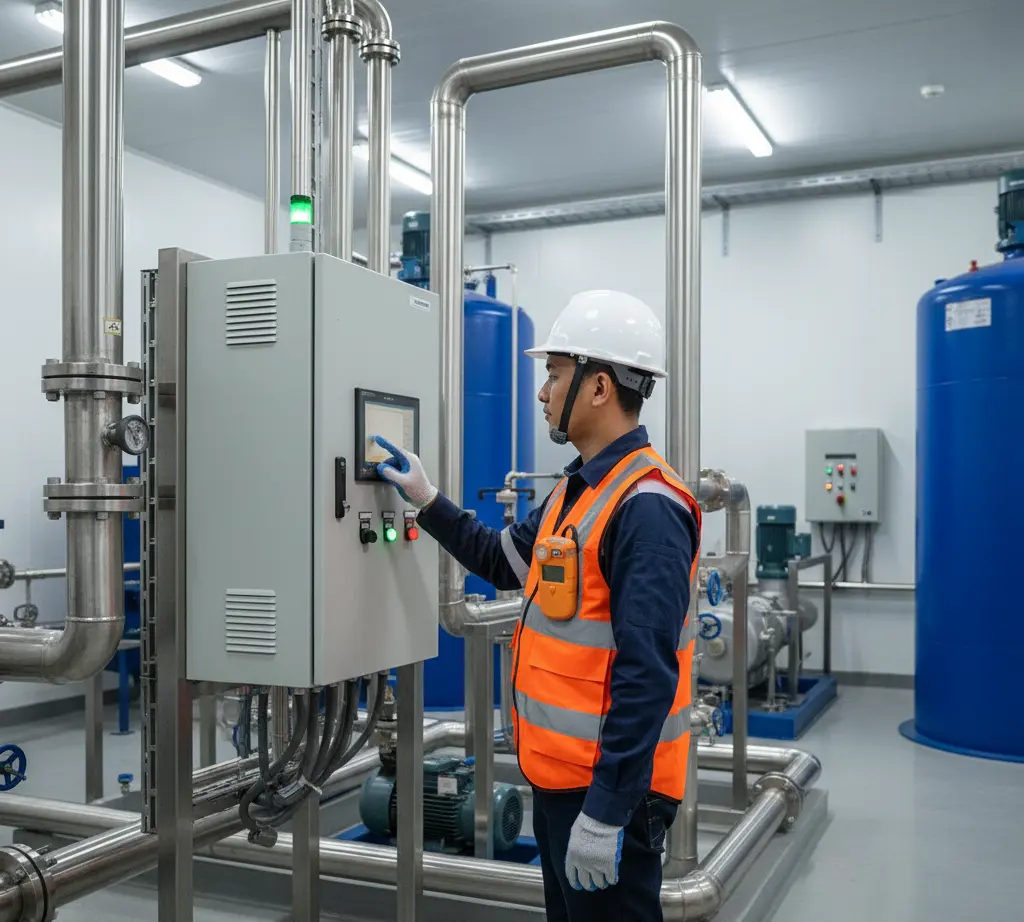 “Operator Indonesia di instalasi pengolahan air sedang mengenakan Air Quality Meter Gasman-O3 pada saku rompi keselamatan sambil memeriksa panel generator ozon di ruang proses.”