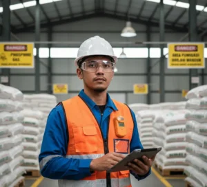 Teknisi keselamatan kerja Indonesia memantau kadar gas fosfin di gudang fumigasi menggunakan Air Quality Meter Gasman-PH3 yang terpasang di kerah bajunya.