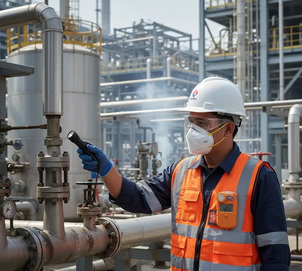 Teknisi Indonesia memakai Air Quality Meter Gasman-SO2 di dada saat inspeksi pipa di pabrik kimia untuk memantau paparan gas sulfur dioksida.
