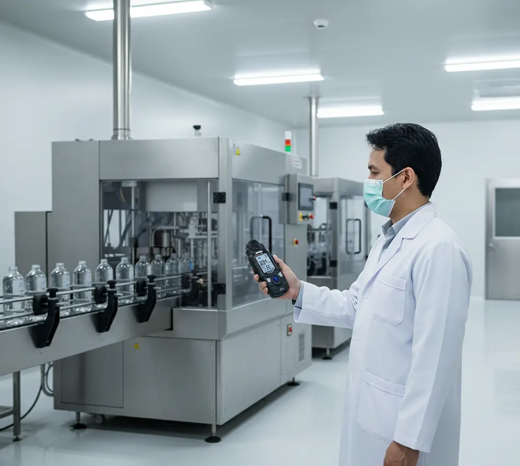 “Teknisi laboratorium Indonesia memeriksa kualitas udara di ruang produksi minuman menggunakan PCE-VOC 1 Air Quality VOC Meter portabel di dekat mesin filling botol.”