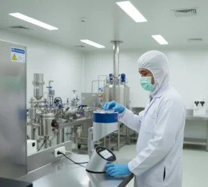 Teknisi laboratorium Indonesia menggunakan PCE-AS1 air sampler portabel di ruang produksi farmasi bersih dengan cawan petri terpasang di kepala alat untuk pemantauan mikrobiologi udara.