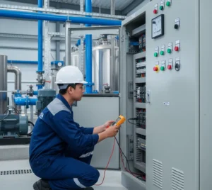 Teknisi Indonesia memantau indikator tegangan analog PCE-EP29 pada panel kontrol di instalasi pengolahan air minum untuk memastikan tegangan 3 fasa tetap stabil.