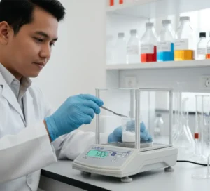 Analis laboratorium Indonesia menimbang reagen kimia dengan timbangan analitik PCE-BS 300-ICA di laboratorium kualitas air.