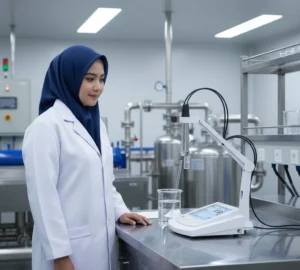 Analis laboratorium Indonesia mengukur pH dan konduktivitas air proses menggunakan alat Bante901-UK di meja laboratorium pabrik minuman.