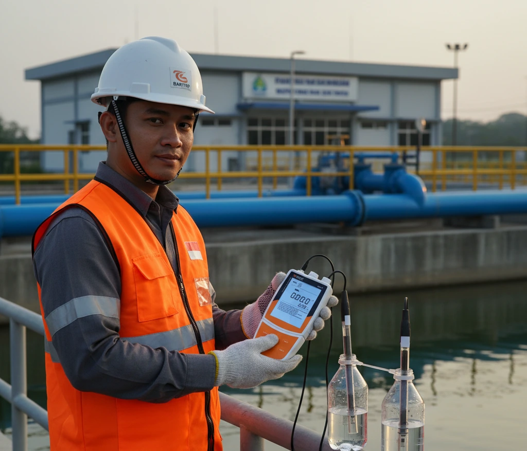 Teknisi Indonesia mengukur pH dan konduktivitas air menggunakan Bante901P portable meter di instalasi pengolahan air minum.