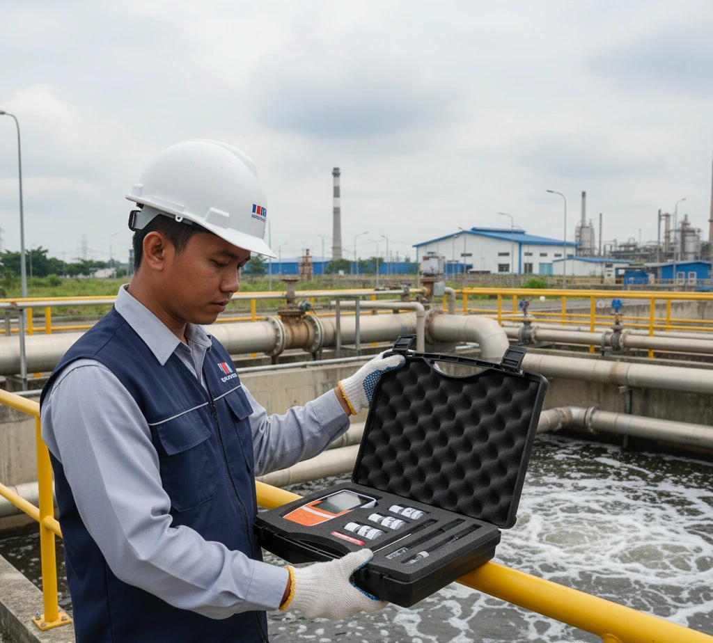 Teknisi laboratorium Indonesia mengukur pH dan konduktivitas sampel air limbah di tepi bak aerasi menggunakan meter portabel Bante901P-UK dengan elektroda terendam dalam beaker.