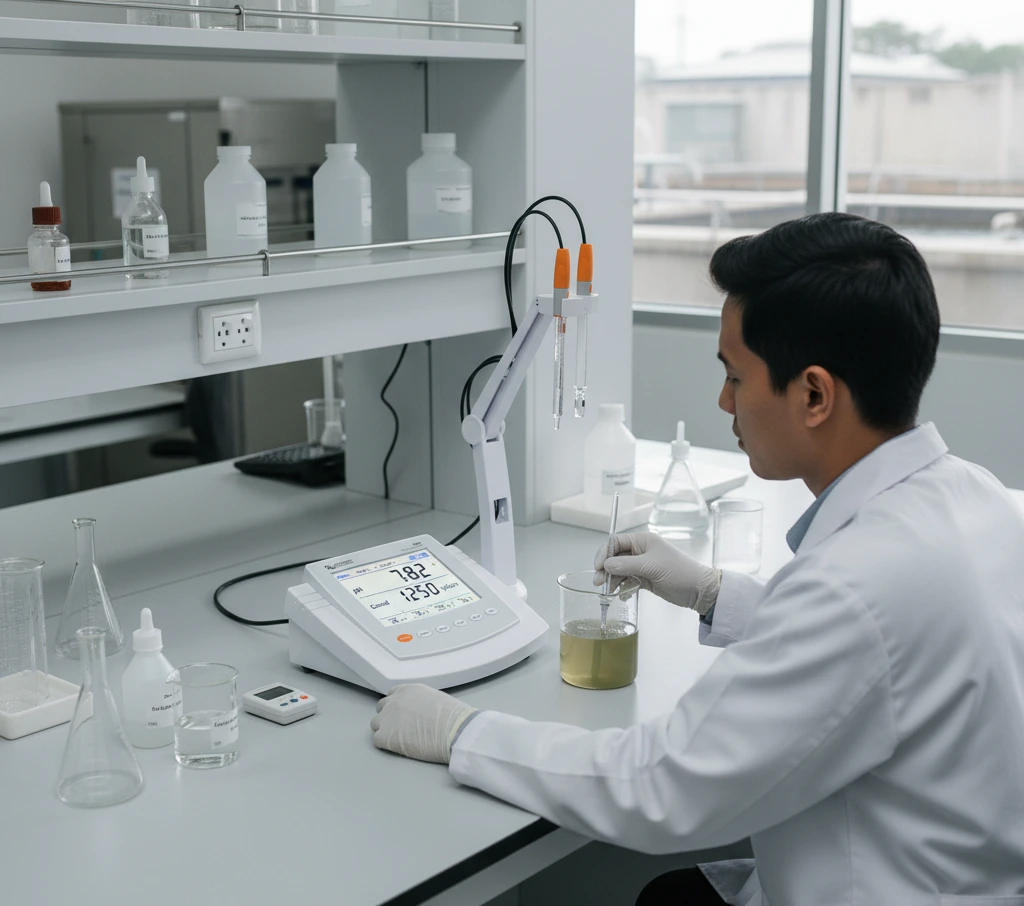 Seorang analis laboratorium Indonesia mengenakan jas lab putih sedang mengukur pH dan konduktivitas sampel air limbah di beaker menggunakan benchtop multiparameter meter Bante902-UK di meja kerja laboratorium pengolahan air, dengan layar alat menampilkan angka pH dan nilai µS/cm yang jelas.