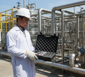 Teknisi Indonesia di instalasi pengolahan air sedang memegang meter Bante902P dan mengukur pH serta konduktivitas air di samping bak pengolahan, dengan latar belakang pipa dan tangki stainless.