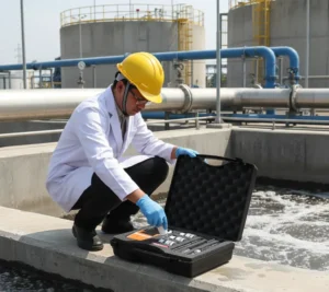 Teknisi laboratorium Indonesia mengukur pH dan konduktivitas air limbah pabrik minuman menggunakan meter portabel Bante902P-UK di area instalasi pengolahan air.