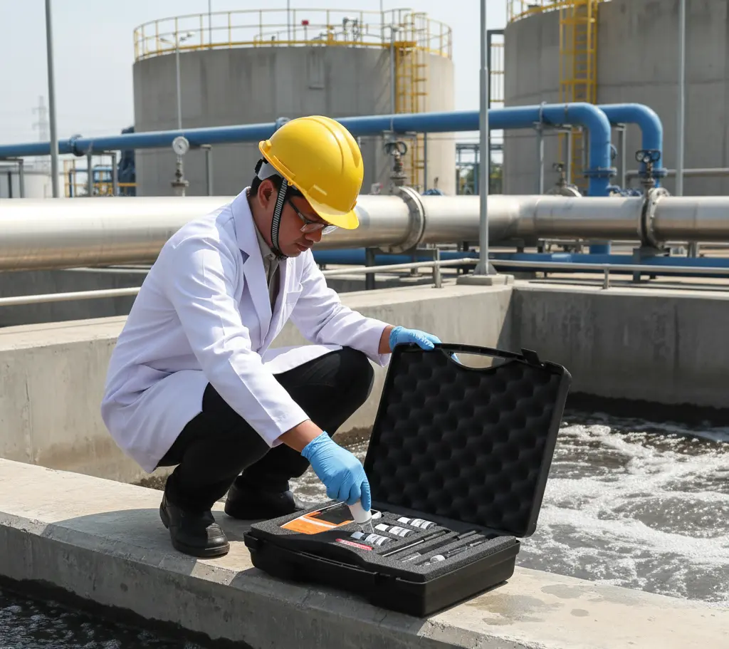 Teknisi laboratorium Indonesia mengukur pH dan konduktivitas air limbah pabrik minuman menggunakan meter portabel Bante902P-UK di area instalasi pengolahan air.