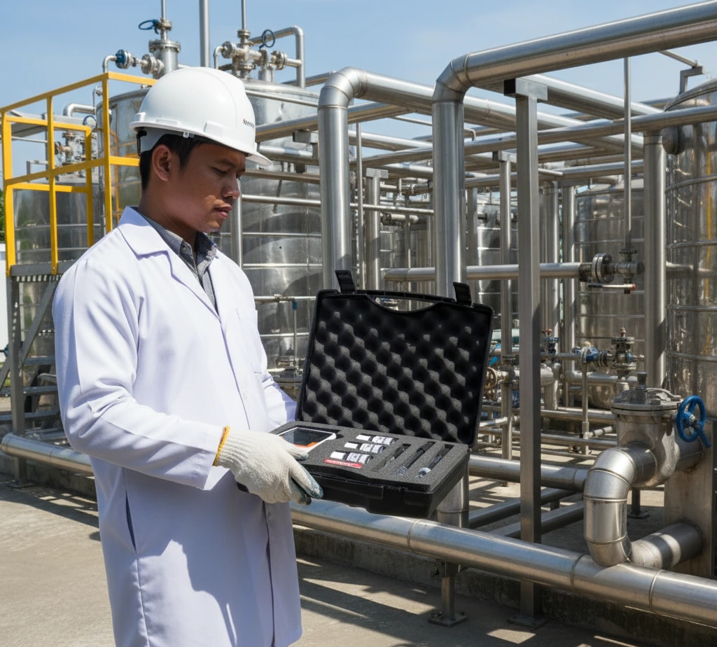 Teknisi Indonesia di instalasi pengolahan air sedang memegang meter Bante902P dan mengukur pH serta konduktivitas air di samping bak pengolahan, dengan latar belakang pipa dan tangki stainless.