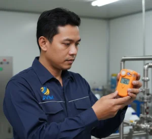 Teknisi Indonesia menggunakan alat deteksi gas klorin portabel di area instalasi industri pengolahan air dengan latar pipa dan tangki kimia
