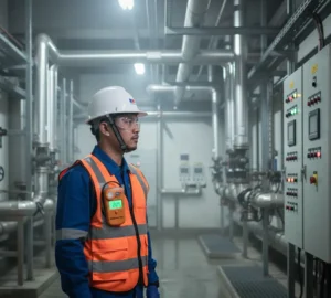 teknisi Indonesia di instalasi pengolahan air limbah mengenakan Air Quality Meter Gasman-NO2 di saku dada sambil memantau panel kontrol