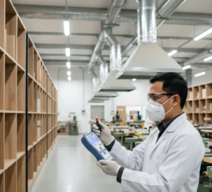 Teknisi laboratorium Indonesia memakai jas lab dan masker sedang mengoperasikan Air Quality Formaldehyde Gas Meter HFX205 di ruang produksi mebel kayu untuk memeriksa konsentrasi formaldehida di udara.