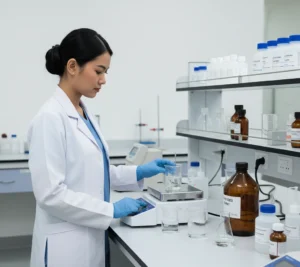 Analis laboratorium Indonesia mengatur kecepatan magnetic stirrer Bante MS200 di meja uji kualitas air, dengan beberapa gelas beker berisi larutan dan botol reagen tertata rapi di lingkungan lab yang modern dan terang.