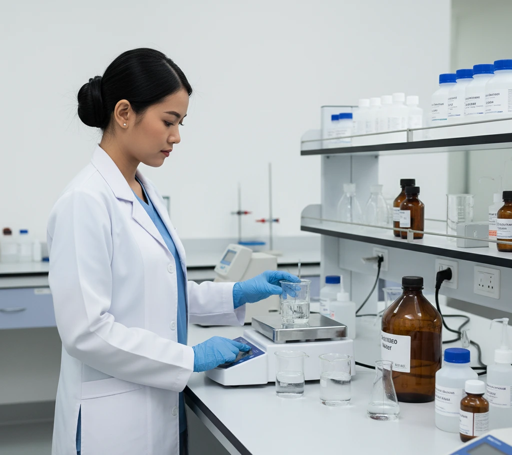 Analis laboratorium Indonesia mengatur kecepatan magnetic stirrer Bante MS200 di meja uji kualitas air, dengan beberapa gelas beker berisi larutan dan botol reagen tertata rapi di lingkungan lab yang modern dan terang.