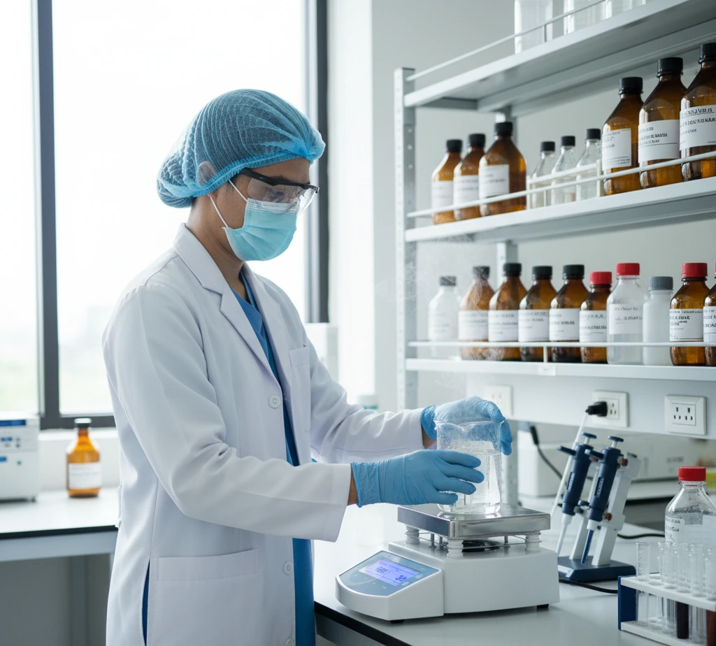 Analis laboratorium Indonesia mengoperasikan hotplate magnetic stirrer MS300 untuk mengaduk dan memanaskan larutan dalam beaker kaca di laboratorium kualitas air.