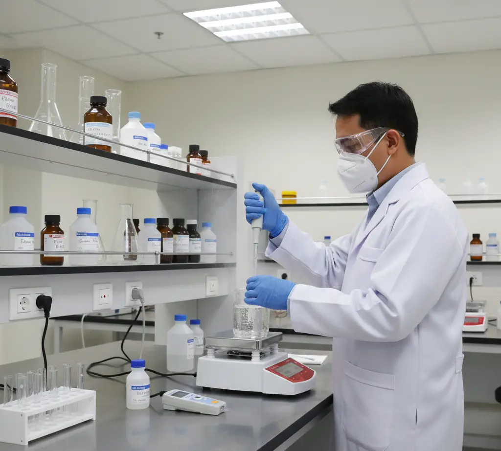 Analis laboratorium Indonesia sedang mengoperasikan hotplate magnetic stirrer MS400 berwarna merah untuk mengaduk dan memanaskan larutan dalam beaker di meja laboratorium modern.