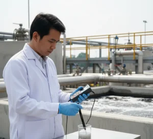 Analis laboratorium Indonesia sedang menggunakan elektroda ion amonium NH4-US yang terhubung ke meter ion untuk mengukur kadar amonium air limbah di instalasi pengolahan air, dengan tangki aerasi dan pipa industri sebagai latar belakang.