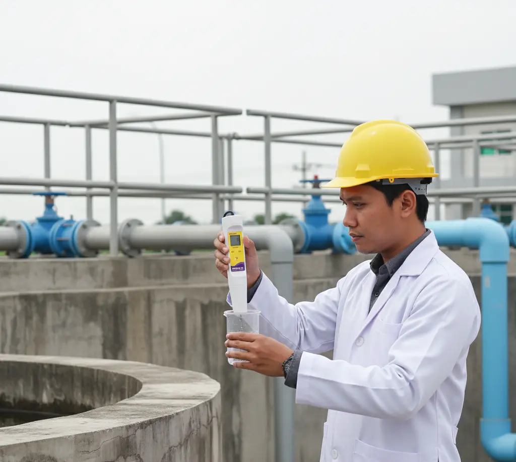 Seorang teknisi Indonesia mengukur nilai ORP air limbah di instalasi pengolahan air menggunakan ORPscan10 Pocket ORP Tester berwarna kuning di tepi bak beton.