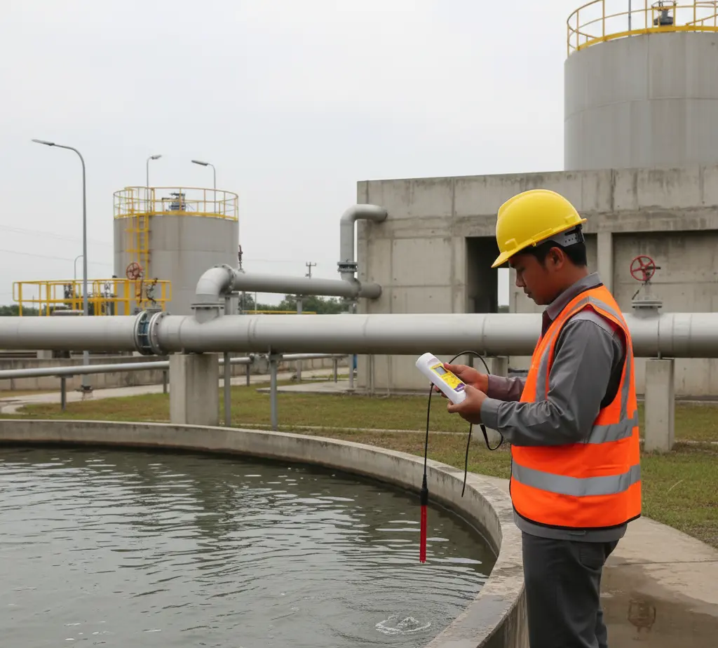 “Teknisi laboratorium Indonesia mengukur nilai ORP air di bak pengolahan menggunakan ORPscan20 pocket ORP tester dengan elektrode eksternal di instalasi pengolahan air minum.”