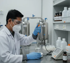 Teknisi laboratorium Indonesia mengukur pH larutan alkali menggunakan pH meter benchtop dengan elektroda pH P11-HA di fasilitas pengolahan air limbah industri.