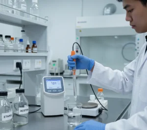 Seorang analis laboratorium Indonesia sedang mengukur pH larutan etanol di beaker menggunakan elektroda pH kaca P11-LiCl yang terhubung ke pH meter benchtop, dengan botol pelarut organik dan peralatan laboratorium lain di atas meja.