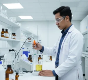 “Teknisi laboratorium Indonesia menggunakan elektroda pH kaca P11-NA untuk mengukur pH sampel biofuel di pH meter bench-top.”