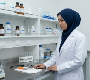 Teknisi laboratorium Indonesia mengukur pH sampel air limbah menggunakan pH meter benchtop dengan elektroda kaca P11 di ruang lab pengolahan air.