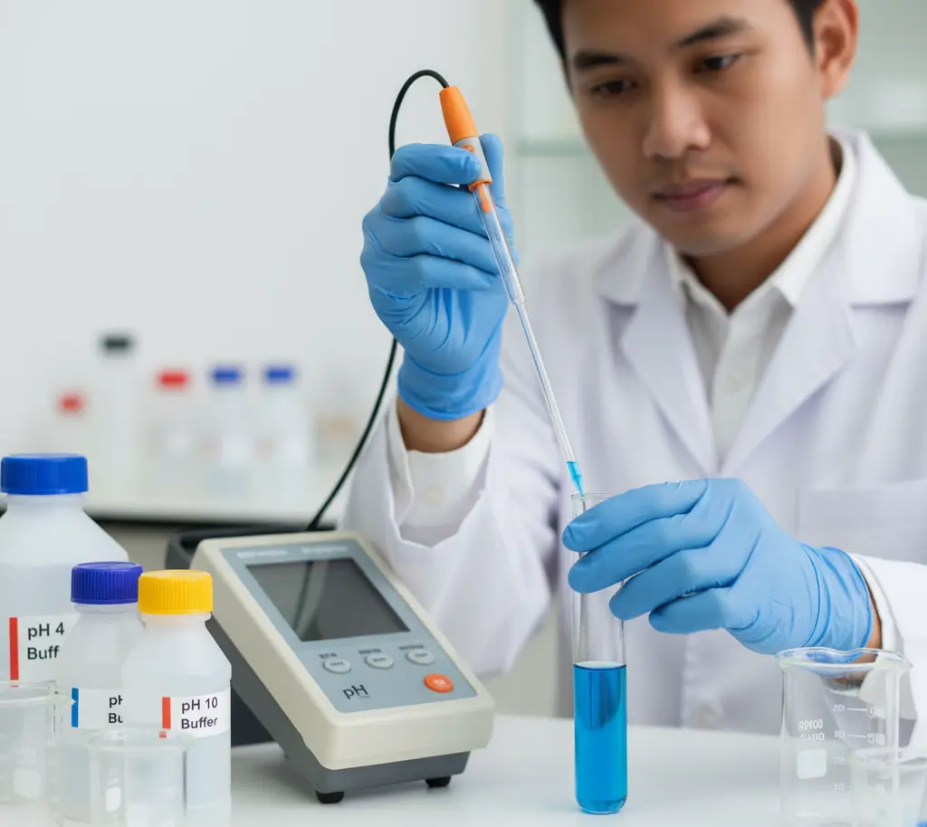 Teknisi laboratorium Indonesia mengukur pH sampel cair dalam tabung reaksi menggunakan elektroda pH kaca P12 yang ramping, terhubung ke pH meter benchtop di meja laboratorium modern.