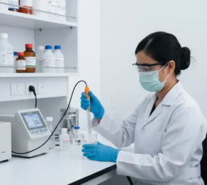 Analis laboratorium Indonesia menggunakan elektroda pH kaca P15 pada meter pH untuk mengukur pH air hasil reverse osmosis di laboratorium pengolahan air minum yang modern.