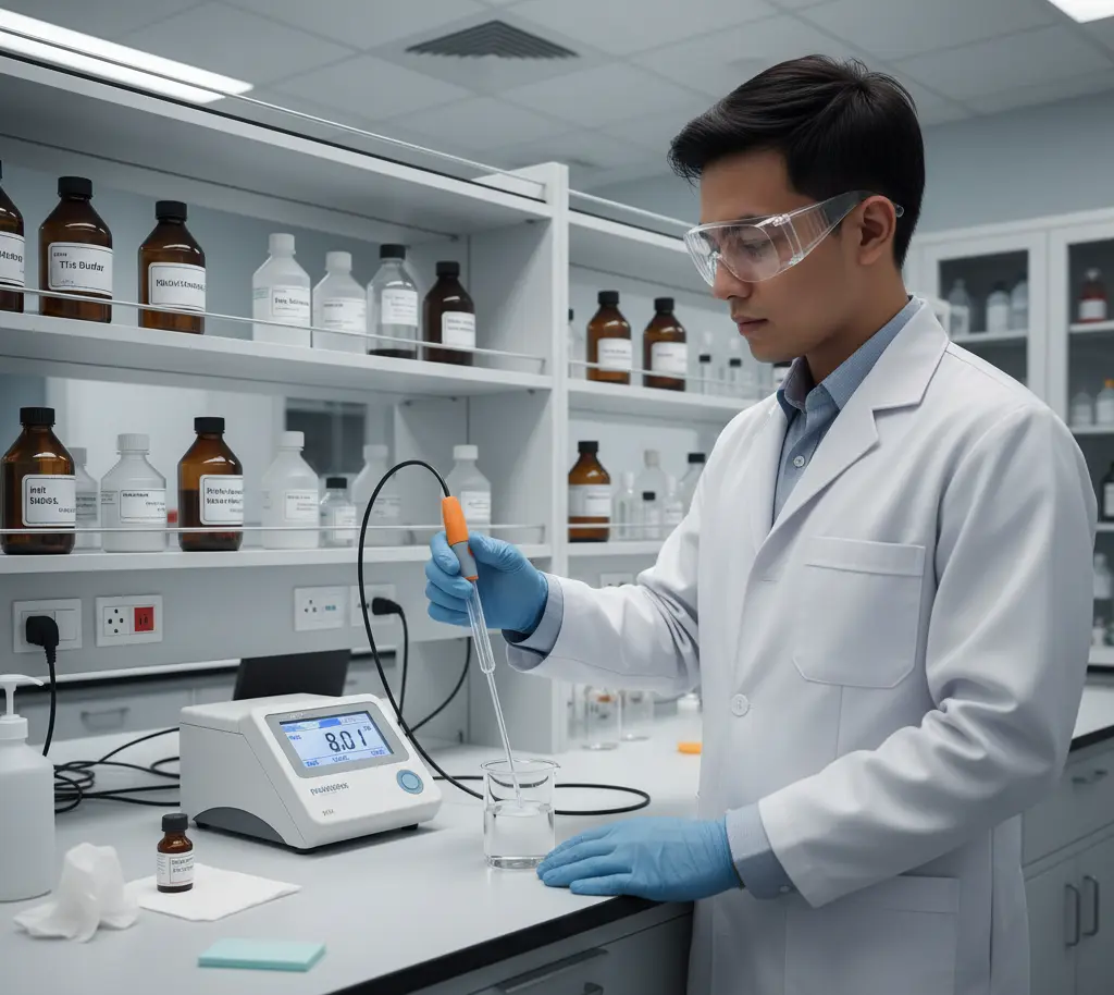 Analis laboratorium Indonesia mengukur pH larutan buffer Tris dengan elektrode pH kaca P16 yang terhubung ke pH meter di atas meja lab modern.