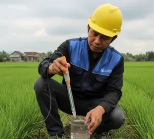 Teknisi laboratorium Indonesia sedang mengukur pH slurry tanah menggunakan pH meter portable dan elektroda pH P18 di lahan pertanian.