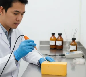 Seorang analis laboratorium Indonesia mengukur pH keju dengan pH meter portabel yang terhubung ke elektroda pH P19 tipe tombak di ruang QA/QC pabrik makanan.