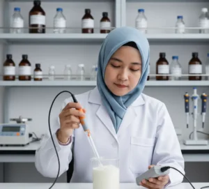 analis laboratorium Indonesia mengukur pH sampel yoghurt kental dengan elektroda pH kaca P21 yang terhubung ke meter pH di meja kerja