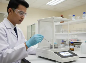 Analis laboratorium Indonesia menimbang sampel serbuk di dalam timbangan analitik PCE-ABT 220 dengan layar touchscreen 5 inci di meja laboratorium yang modern dan rapi.