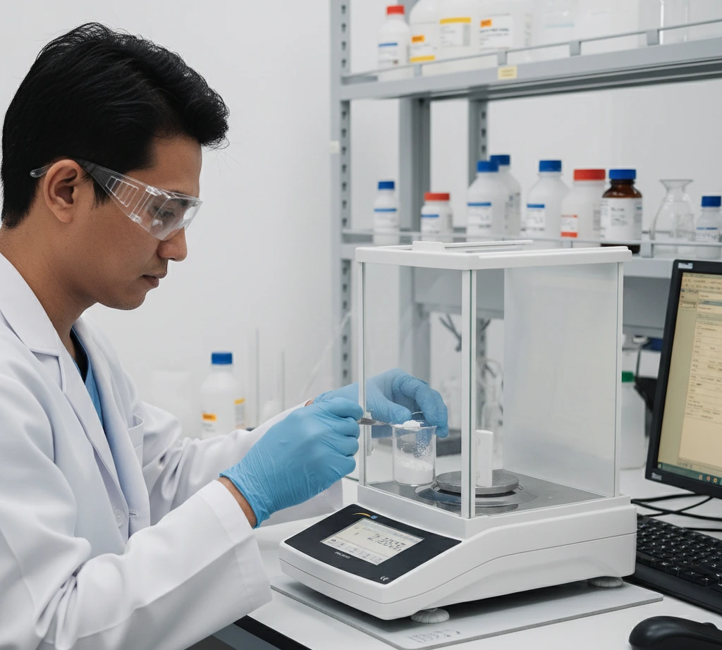 Analis laboratorium Indonesia menimbang sampel serbuk dengan timbangan analitik layar sentuh PCE-ABT 220 di ruang timbang bersih untuk keperluan QA/QC.