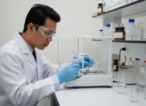 Analis laboratorium Indonesia menimbang serbuk kimia dengan timbangan analitik PCE-ABT 220L-DAkkS di meja laboratorium QA/QC modern.