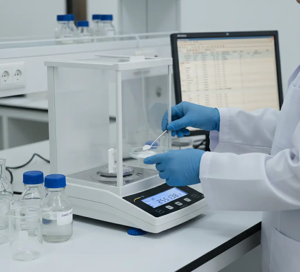 Analis laboratorium Indonesia sedang menimbang sampel kimia dengan timbangan analitik PCE-ABT 220L di dalam wind shield pada meja kerja QA/QC.