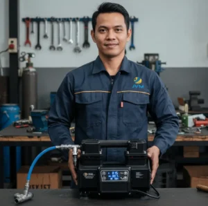 Seorang teknisi Indonesia menggunakan kompresor udara portabel PCE-ACO 9500 di bengkel industri untuk mengoperasikan pneumatic nailer melalui selang udara bertekanan.