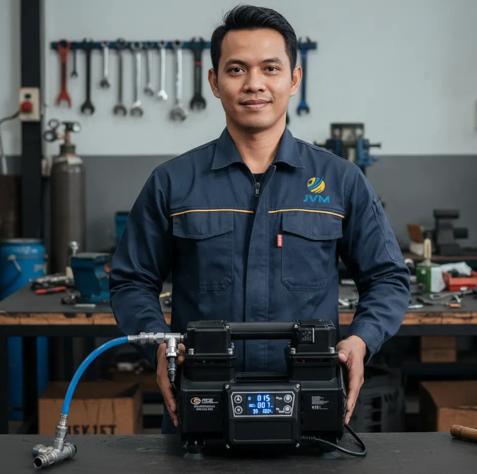 Seorang teknisi Indonesia menggunakan kompresor udara portabel PCE-ACO 9500 di bengkel industri untuk mengoperasikan pneumatic nailer melalui selang udara bertekanan.