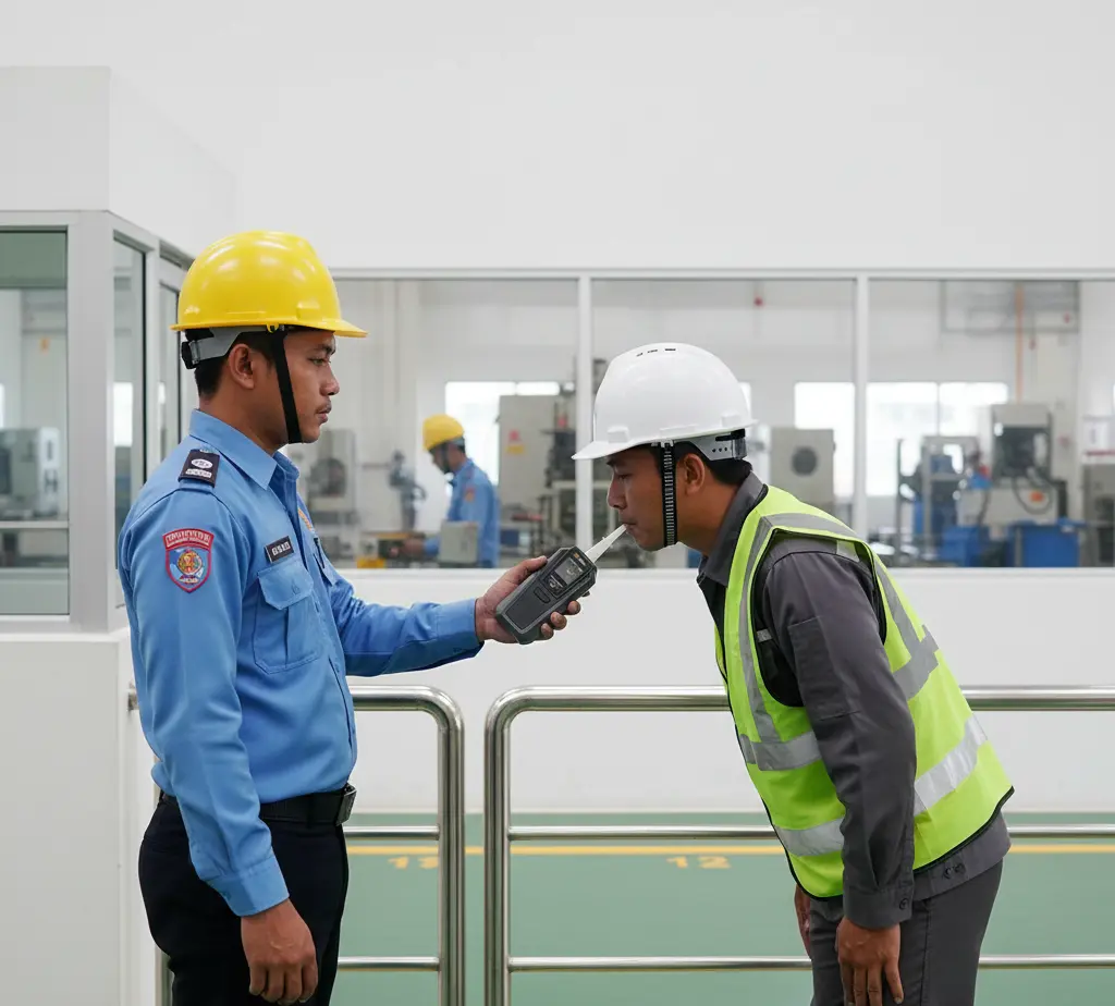 Petugas K3 Indonesia sedang melakukan tes napas alkohol kepada karyawan di pos keamanan pabrik menggunakan breathalyzer portabel PCE-ALC 10 dengan layar berwarna kecil dan mouthpiece sekali pakai.
