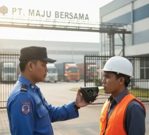 Petugas keamanan Indonesia sedang melakukan tes napas alkohol pada sopir truk menggunakan alkohol meter portabel PCE-ALC 20 di gerbang masuk pabrik sebagai bagian dari prosedur keselamatan kerja.