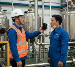 Petugas HSE di pabrik Indonesia menggunakan breathalyzer PCE-ALC 30 untuk mengukur kadar alkohol napas operator sebelum memasuki area produksi.