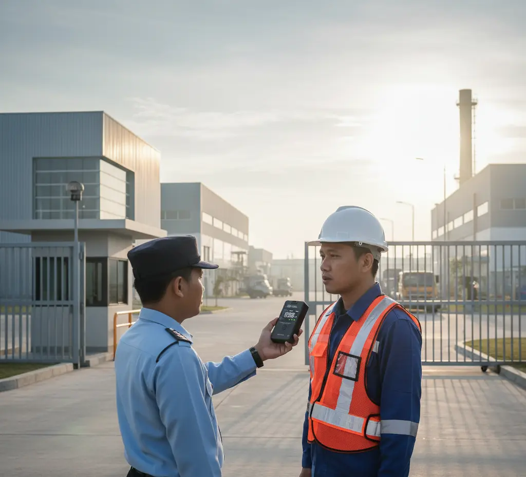 “Petugas keamanan menggunakan PCE-ALC 40 untuk memeriksa kadar alkohol operator di gerbang masuk pabrik industri di Indonesia.”