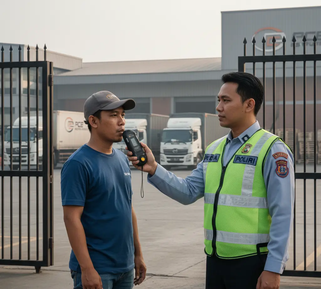 Petugas keamanan Indonesia menggunakan alkohol meter portabel PCE-ALC 5 untuk memeriksa sopir truk sebelum keberangkatan di area parkir perusahaan.